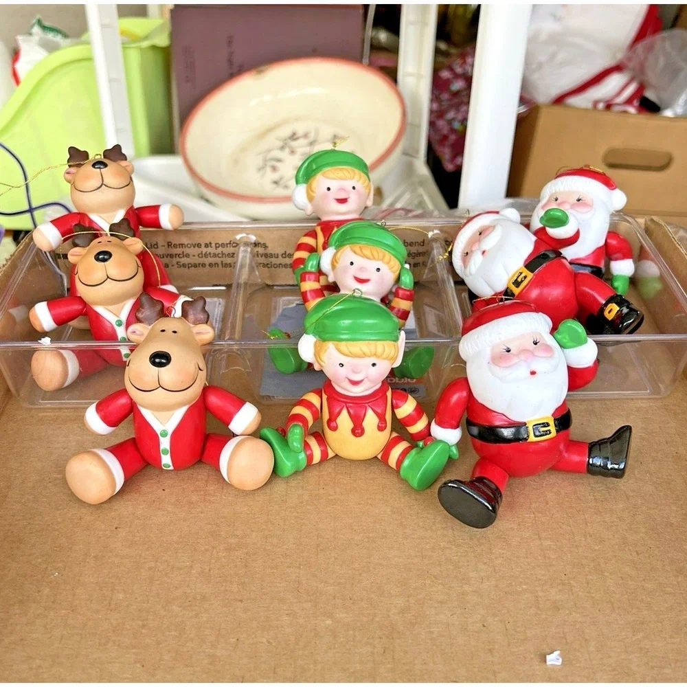 9 Avon Santa‎ & Friends Action Xmas Ornaments Elf Reindeer & Santa 1984 Ceramic